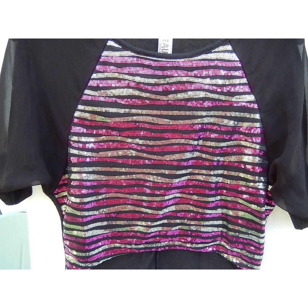 Beautees Girls T-Shirt Top Sz S 3/4 Sleeve High-Low Round Neck Relaxed Sequin - Picture 3 of 8